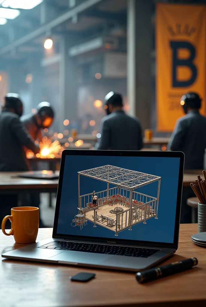 Laptop screen shot showing 3d design of iron frame cafe. Beside the laptop is a black vape the size of a finger and a yellow coffee cup.. Behind the laptop there are several welders welding iron fences and canopies in a large warehouse with lots of iron poles., there is a banner with the letter B logo.