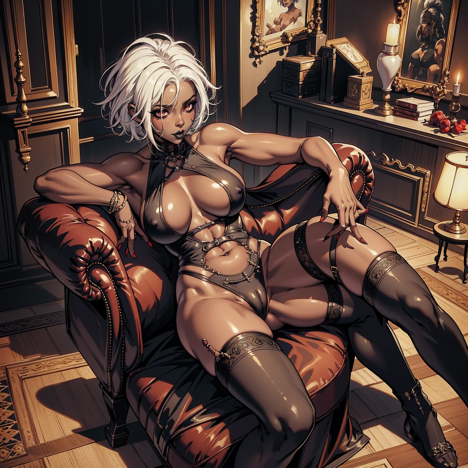 Masterpiece, best quality, 4k, Insanely Definition, uncensored, rating explicit, full body,                                                                                                                                                                          African girl, white hair, short hair, goth, black skin, OverallDetail, Perfect Hands, abs, muscular, naked breasts, huge breasts, wide hips, thick thighs, black lipstick, makeup, red dress, cleavage, leaning, stockings, spread legs