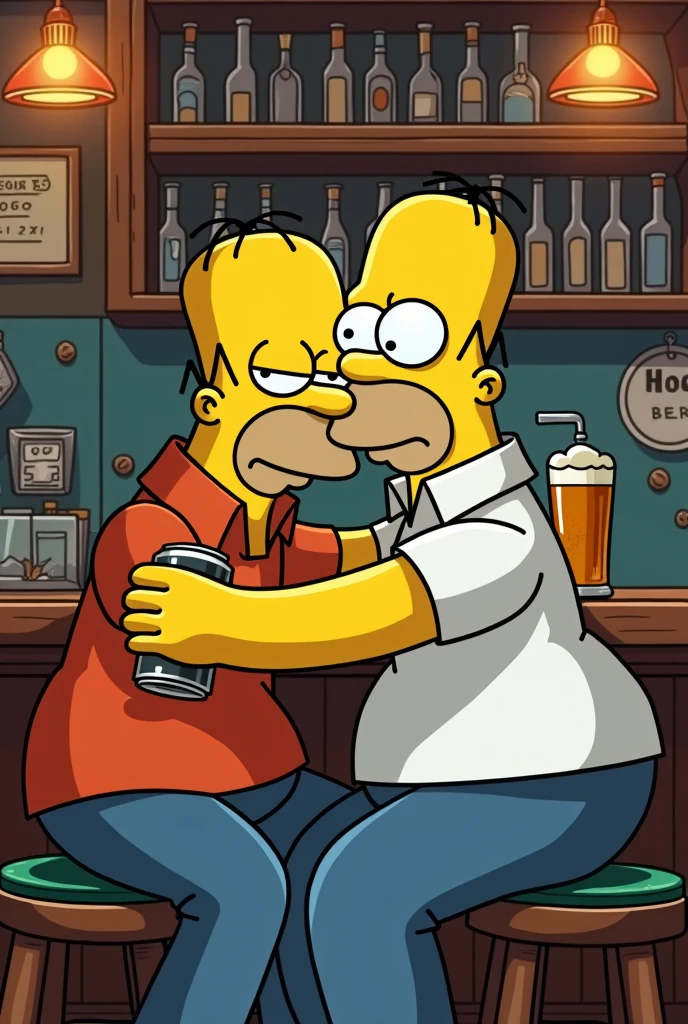 Homer Simpson sitting at Moe&#39;s bar talking to his friend Lenny hugging each other with Duff in his hand, a watch and his cap backwards 