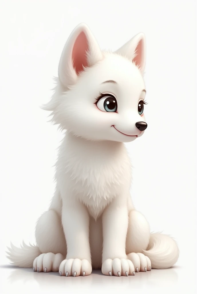 Dessin d'un bébé loup blanc qui se tient assis, sourit la bouche fermée et regarde à droite. Le fond est transparent