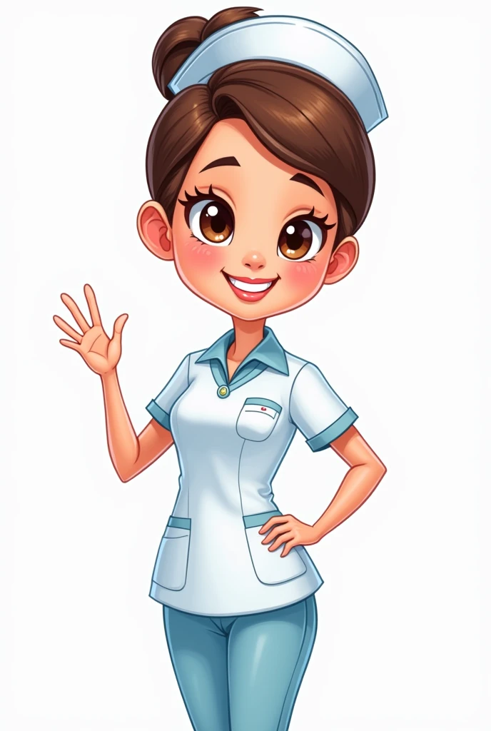 Cartoon of a dental nurse in white uniform with light blue vest without stethoscope