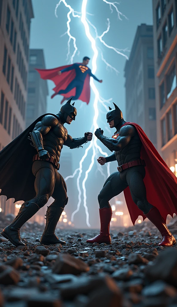 a dynamic and vibrant image depicting an epic battle between Batman and Superman. In the center of the scene, Batman, with his dark and detailed outfit, is in an aggressive fighting pose, using your fighting skills and gadgets. Superman, with his iconic blue and red costume, is in the middle of a powerful flight, with his muscles tensed and eyes glowing with his heat vision. The scene must be set in a destroyed urban setting, with ruined buildings and debris in the background, illuminated by lightning and thunderbolts. The mood should be dramatic, with dark clouds and a tense tone in the air. Lighting should highlight the intensity of the fight, with strong shadows and contrasts to accentuate the action and emotion of the confrontation.