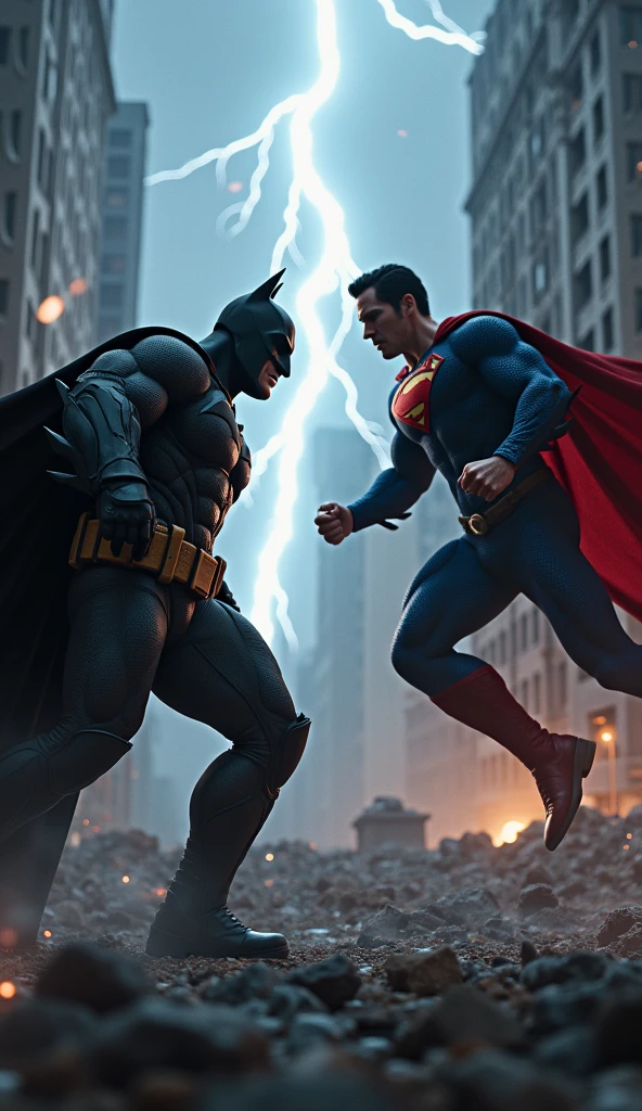 a dynamic and vibrant image depicting an epic battle between Batman and Superman. In the center of the scene, Batman, with his dark and detailed outfit, is in an aggressive fighting pose, using your fighting skills and gadgets. Superman, with his iconic blue and red costume, is in the middle of a powerful flight, with his muscles tensed and eyes glowing with his heat vision. The scene must be set in a destroyed urban setting, with ruined buildings and debris in the background, illuminated by lightning and thunderbolts. The mood should be dramatic, with dark clouds and a tense tone in the air. Lighting should highlight the intensity of the fight, with strong shadows and contrasts to accentuate the action and emotion of the confrontation.