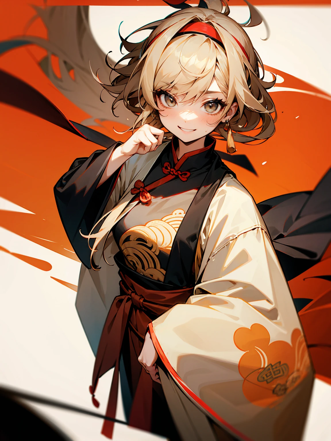 1female, beige hair, messy hair, medium length hair, headband, black sweatpants. Chinese cloak, earrings, smile, chinese restaurant
