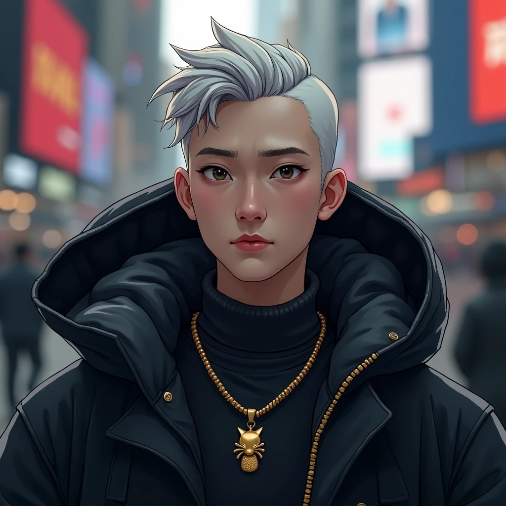 ((( best qualityer))) (((high resolution))) ((portraite)) make the face a little fat of a young man . he has white hair combed to the side and short on top,and on the side a gradient until it becomes bald. wearing a black winter jacket with a mystical hood open over his head with a mystical air. wearing a gold necklace with a small cat on the pendant. as if he were parading through Times Square