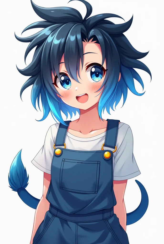 (photorealism:1.2), Cute, anime, girl, wearing overalls, with a blue saiyan tail,blue eyes, blue and black spikey hair,