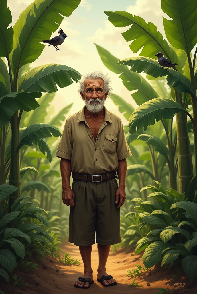 an elderly man with white hair and blue eyes in a banana and cassava plantation
