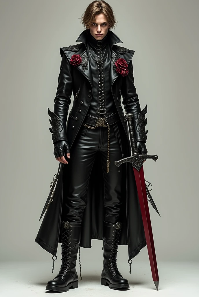 He wears a black leather jacket, a pair of black leather pants, a leather boot with chains holding it to the ankle, he has a red scabbard for a sword, some daggers on the side, he has light brown hair, dark shaped eyes, and all over his clothes there are designs of black roses decorating, the only visible parts are the face and hands