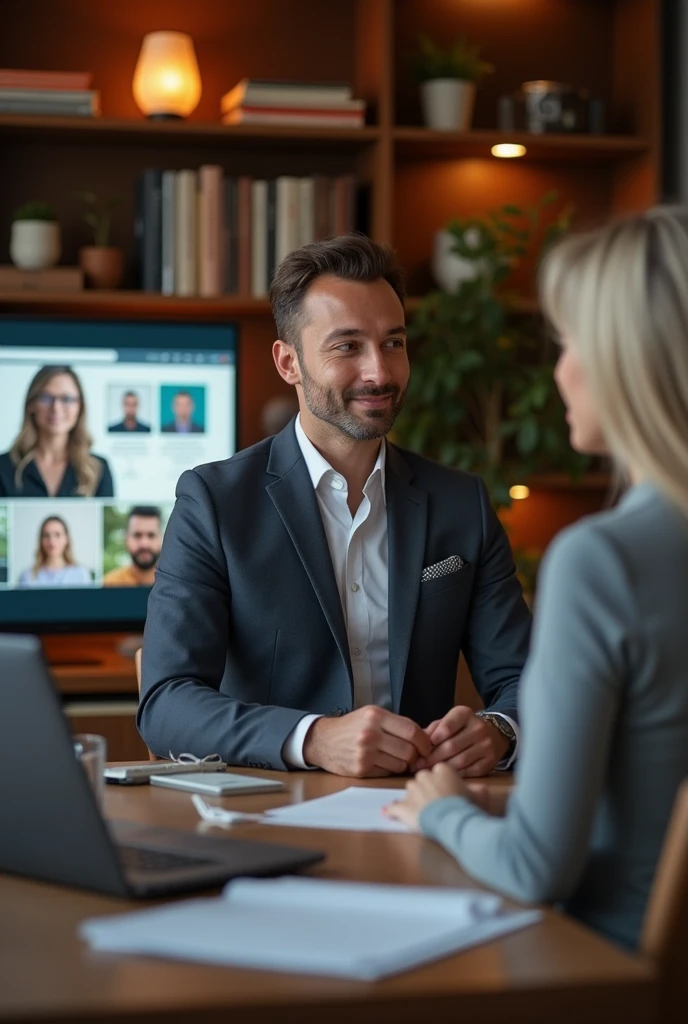 (photorealism:1.2), A (realistic) image depicting financial independence, showing a successful young man, teaching mindfulness technics to online students. use the appropriate background
