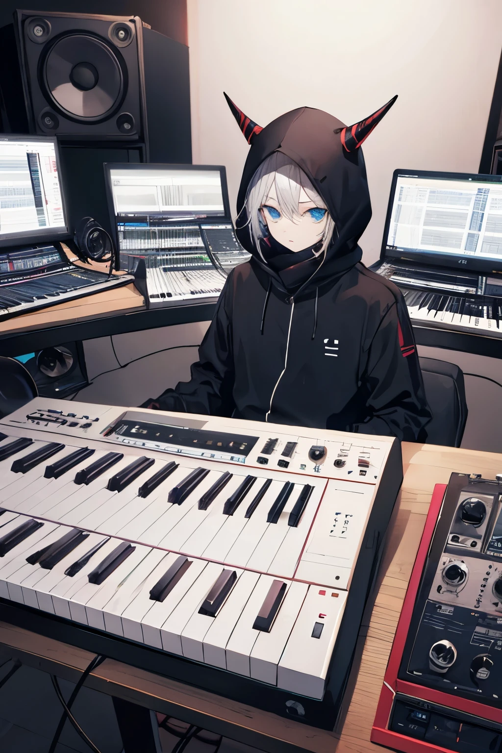 Create a photo of a music producer wearing a balaclava in a recording studio , with synthesizers, horns, etc. cetus-mix style