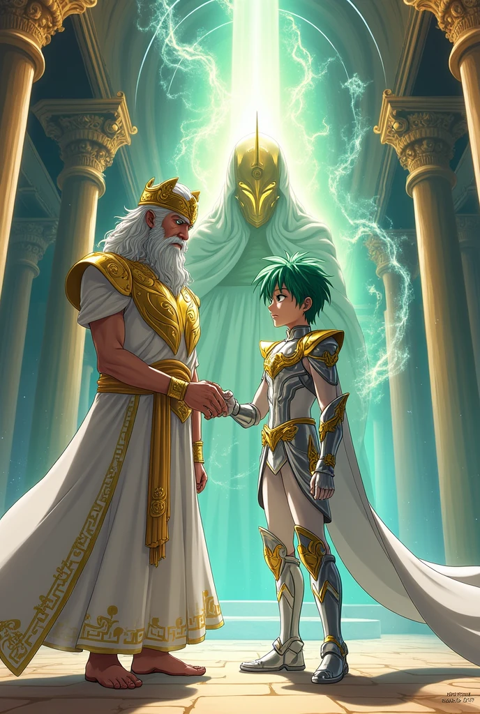 Saint Seiya Drawing Style, green haired character with Pegasus armor, next to the great master teaching him in Greek clothing and a golden helmet in the background of the sanctuary