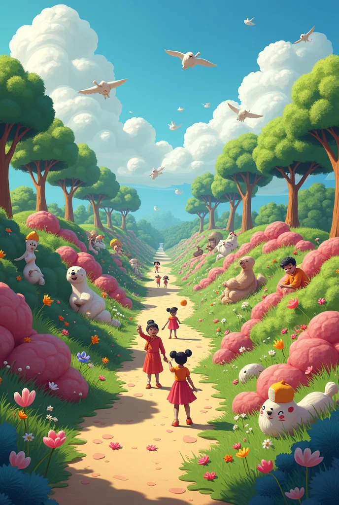 a landscape with different areas, each representing an emotion or ability, like happiness, sadness, empathy or self-awareness. In every area, You might see people with expressions and poses that reflect those emotions or abilities..North of the park, There is a vibrant and colorful area that represents happiness. People here smile and laugh, and are seen participating in fun activities such as dancing or playing games.
. in an animated way