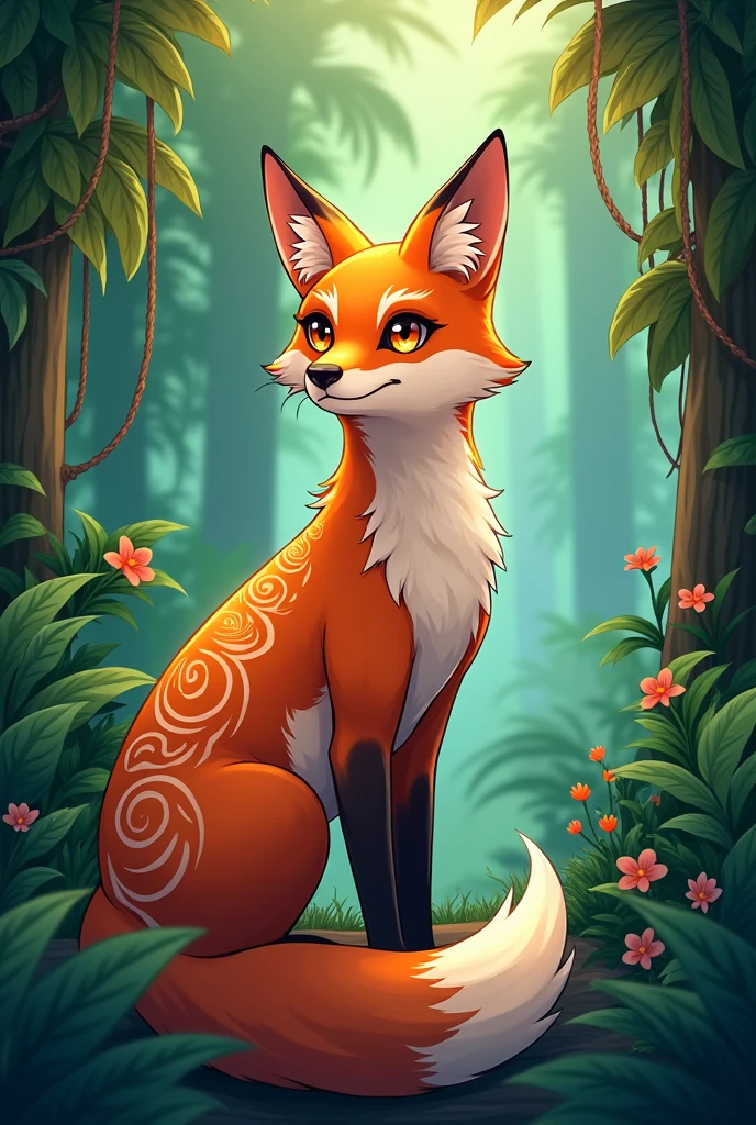 an anime fox, the background is jungle