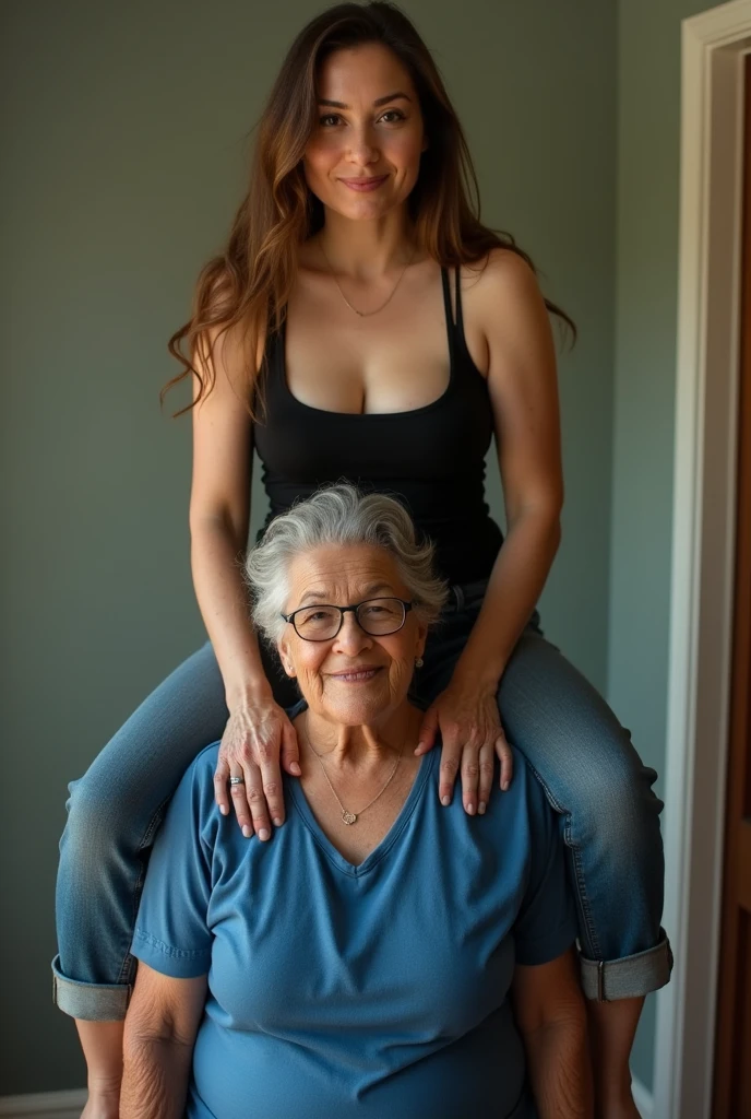 Create a photo of a 30 year old young woman, with a slender and beautiful body, wearing a black low-cut tank top and jeans, with white and clear skin, with long light brown hair and has her back to the camera as she is lifted high on the shoulder of an obese black 90 year old elderly lady, dark black skinned, who has short hair, who wears glasses and a blue dress