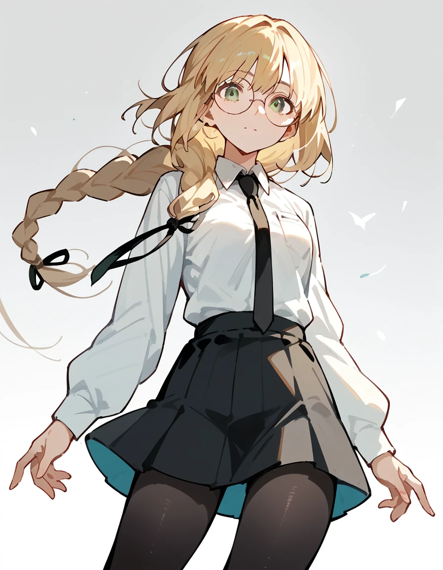 score_9, score_8_up, score_7_up, source_anime, 1girl, solo, looking at the viewer, smiling, blonde hair, long hair, green eyes, braid, single braid, glasses, round eyewear, (white shirt), (black necktie), (black skirt), skirt, ((black pantyhose)), office background, sitting on a chair, open legs,