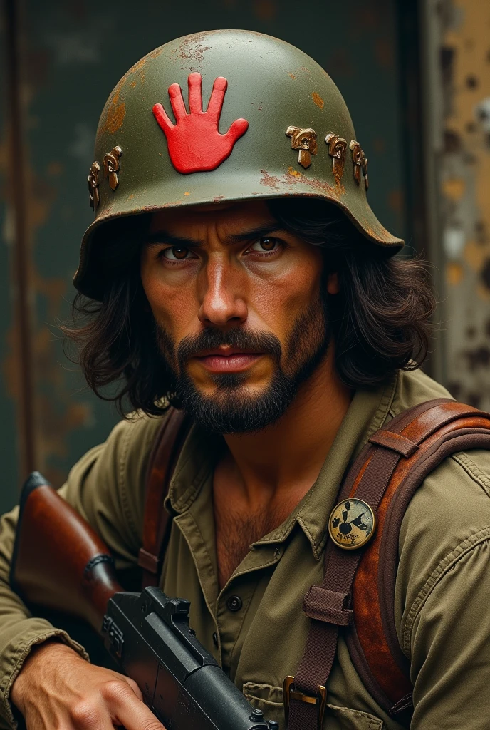Leonardo by his half-laughing brother-in-law , dark red eyes , you are brown , ropa de grove streat , Russian armored helmet with a red hand in the center, the Soviet symbol, and with the ppsh41 weapon