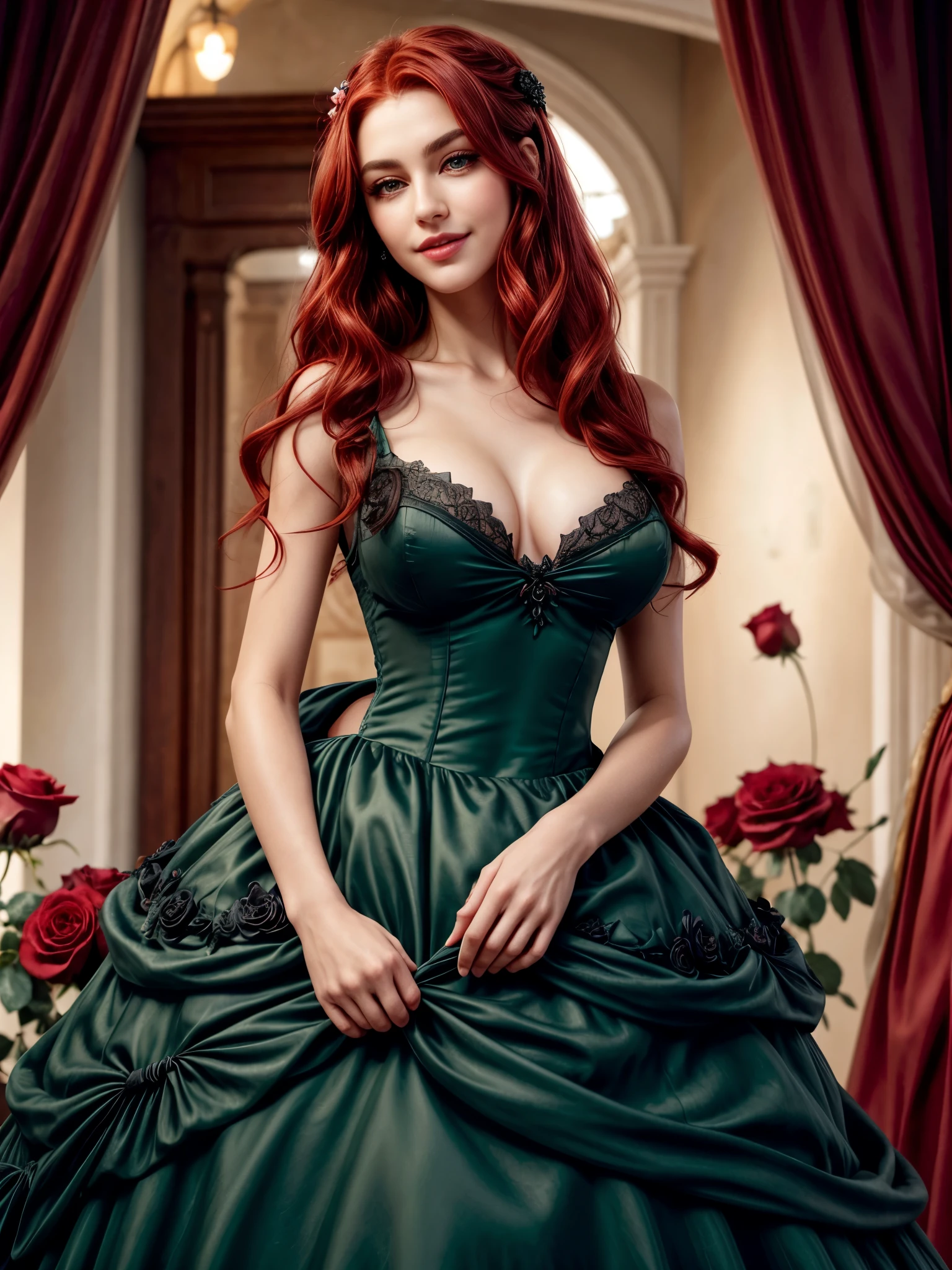 y, (seductivesmile:1.1), mysteriousatmosphere, (fantasy:1.4), florest scenery, (edgfd ballgown:1.5), (fantasy dress:1.1), (long dress:1.1), (ballgown with a lot of roses:1.1), hearts, flowers,, (masterpiece, high quality, best quality:1.3), extremely detailed, extremely intricate, realistic, hyperrealistic, fine texture, Extremely high-resolution details, 2 y,, (reddish hair:1.3), almond eyes, (green eyes), [long hair], [curly hair], (eye shadow:1.1), 162cm tall, oval face, snub nose, heart-shaped lips, (arched eyebrows), (skinny:1.1), red dress,very long eyelashes, big bre