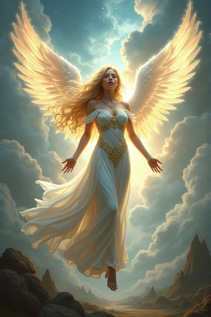 god of dreams, blond, with white wings, mythology artwork