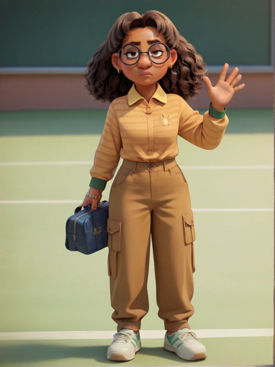 Priya Mangal 

P_m, (((1 girl))) , dark skin, brown hair, wavy hair, brown eyes, glasses, earrings, striped shirt, brown pants, white tennis shoes 
serious expression,

score_9, score_8_up, score_7_up,

(((at school))) ,

(((full body))), looking at viewer, waving,