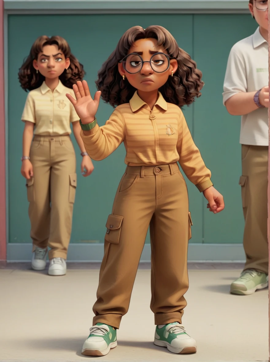 Priya Mangal 

P_m, (((1 girl))) , dark skin, brown hair, wavy hair, brown eyes, glasses, earrings, striped shirt, brown pants, white tennis shoes 
serious expression,

score_9, score_8_up, score_7_up,

(((at school))) ,

(((full body))), looking at viewer, waving,