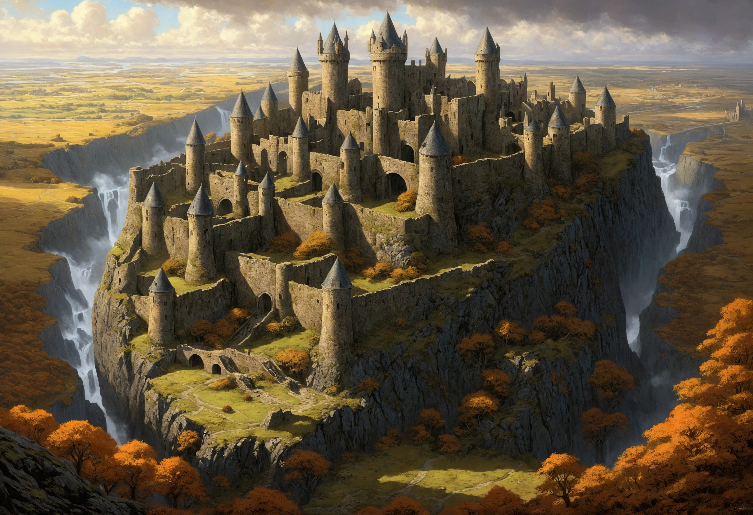Créez des chefs-d&#39;œuvre dystopiques，Représentez une forteresse détruite dans un style artistique conceptuel de jeu réaliste.. L&#39;œuvre d&#39;art doit évoquer un sentiment de désolation et de désespoir antique , monde de Tolkien. Gardez un œil sur les subtilités des détails, netteté, et une description très détaillée de la citadelle en ruines. Inspirez-vous des styles artistiques de Wayne Barlow et Zdislav Beksiński. Livrez cette image au format d&#39;affichage vidéo, Montrez la sombre beauté de ce monde en décomposition.