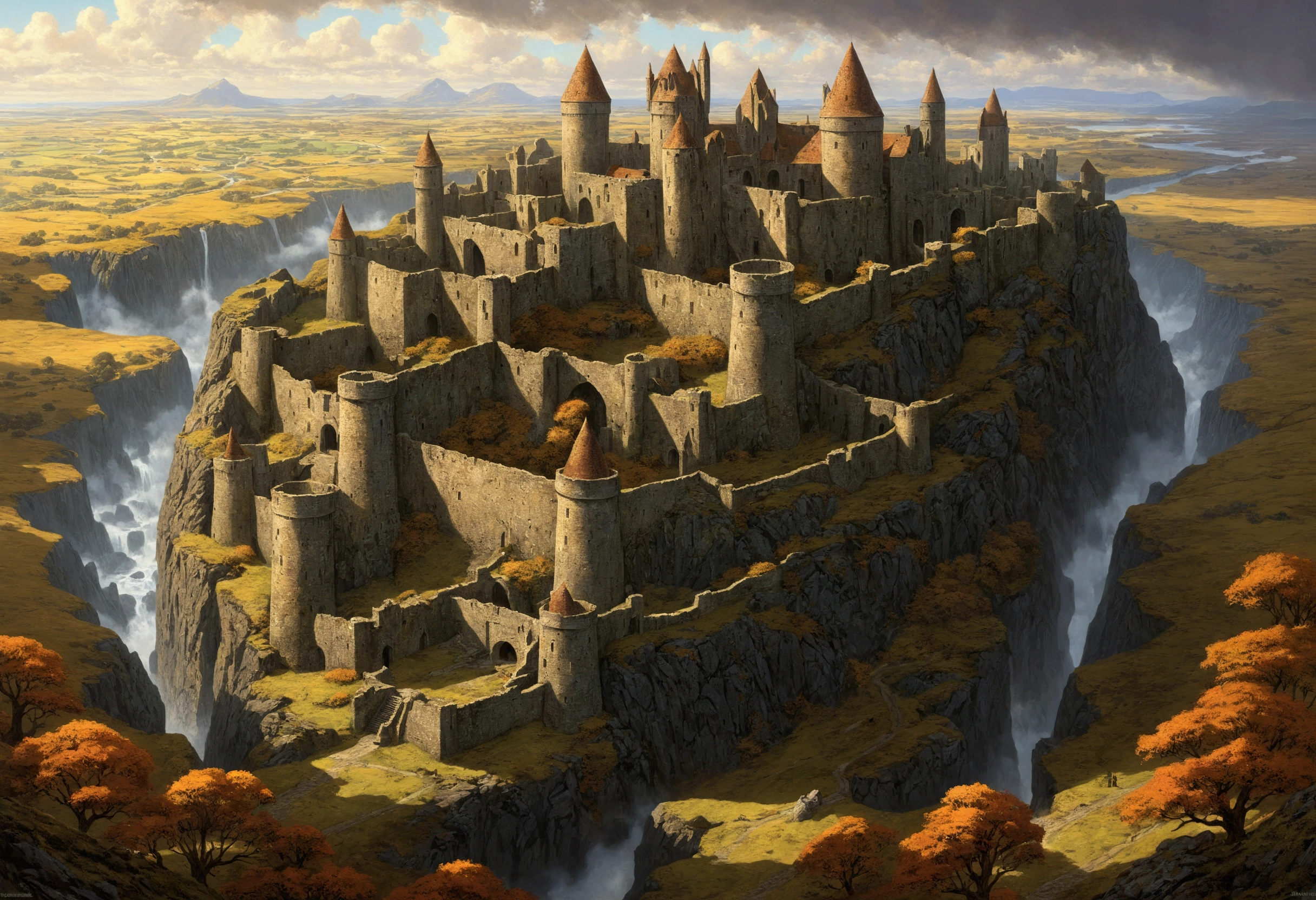 Créez des chefs-d'œuvre dystopiques,Représentez une forteresse détruite dans un style artistique conceptuel de jeu réaliste.. L'œuvre d'art doit évoquer un sentiment de désolation et de désespoir antique , monde de Tolkien. Gardez un œil sur les subtilités des détails, netteté, et une description très détaillée de la citadelle en ruines. Inspirez-vous des styles artistiques de Wayne Barlow et Zdislav Beksiński. Livrez cette image au format d'affichage vidéo, Montrez la sombre beauté de ce monde en décomposition.