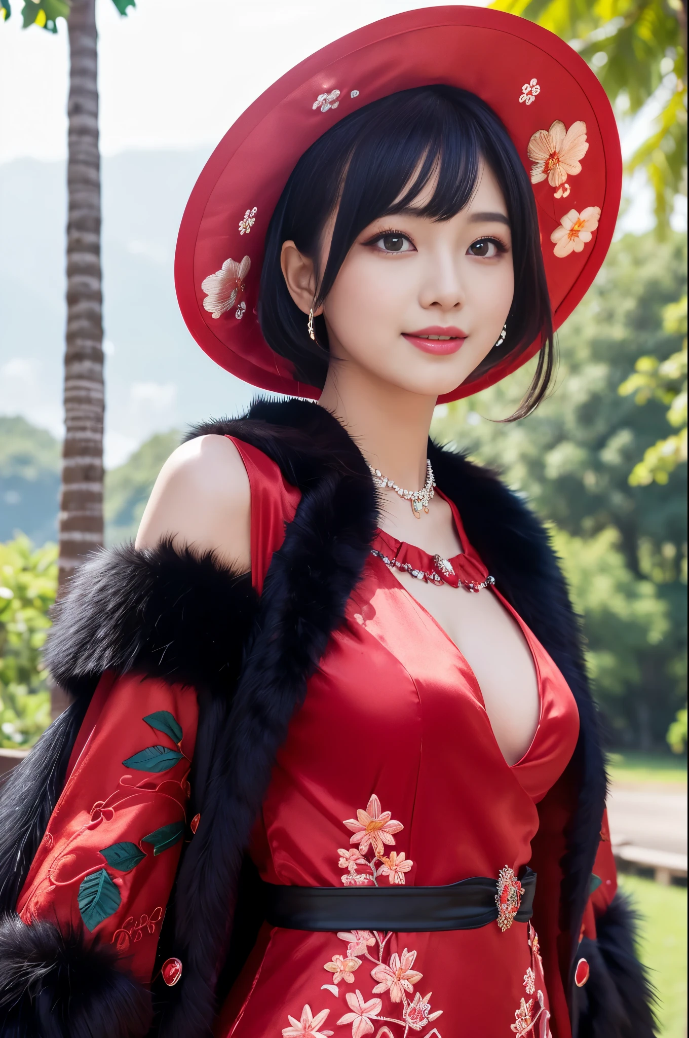 (masterpiece:1.4), (best quality:1.4), ultra high res, ultra high resolution, ((detailed facial features)), HDR, (realistic, photorealistic, photo-realistic:1.37), full body, sexy Vietnamese model, (-anime), only 1 model, vivid colors, very short hair, (beautiful smile), lip-gloss, long lashes, defined eyebrows, wearing large sparkling colorful jewelery, wearing a red silk Paradise Kiss cosplay dress with black floral embroidery, ((long fur vivid colors outfit)), vivid colors, look at the camera, cinematic light, large park background with trees, sweet and sexy pose