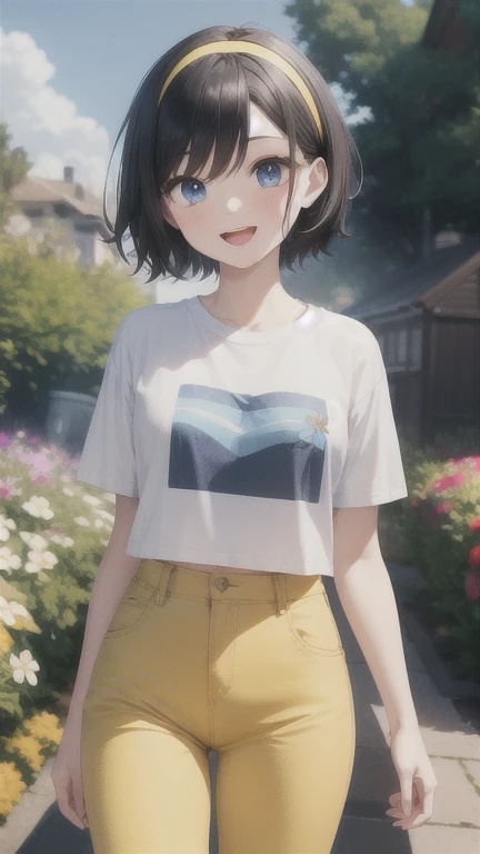 1girl, black hair, blue eyes, pale skin, powder blue t shirt, puffy short slevees, yellow pants, short hair, smiling, floral print, open mouth, garden, outdoors, head band, standing, Masterpece, looking at the viewers, cowboy shot, ,looking at veiewers, 4K, 8K, UHD, ultra-detailed, HDR, High quality, Best Quality,