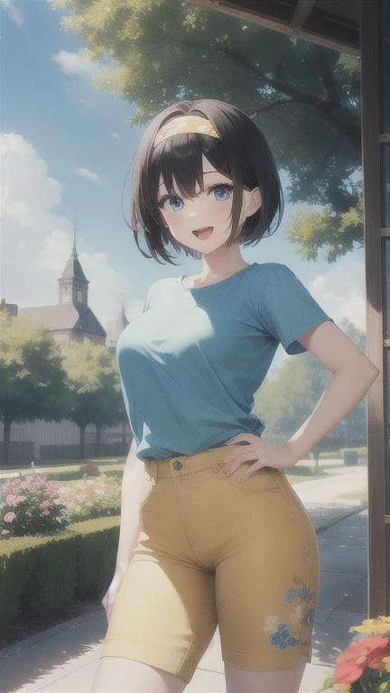 1girl, black hair, blue eyes, pale skin, powder blue t shirt, puffy short slevees, yellow pants, short hair, smiling, floral print, open mouth, garden, outdoors, head band, standing, Masterpece, looking at the viewers, cowboy shot, ,looking at veiewers, 4K, 8K, UHD, ultra-detailed, HDR, High quality, Best Quality,