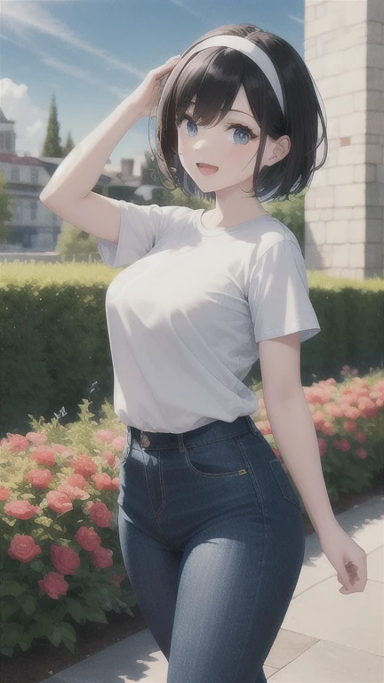 1girl, black hair, blue eyes, pale skin, powder blue t shirt, puffy short slevees, yellow pants, short hair, smiling, floral print, open mouth, garden, outdoors, head band, standing, Masterpece, looking at the viewers, cowboy shot, ,looking at veiewers, 4K, 8K, UHD, ultra-detailed, HDR, High quality, Best Quality,