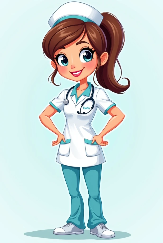 Cartoon of a dental nurse in white uniform with light blue vest without stethoscope 