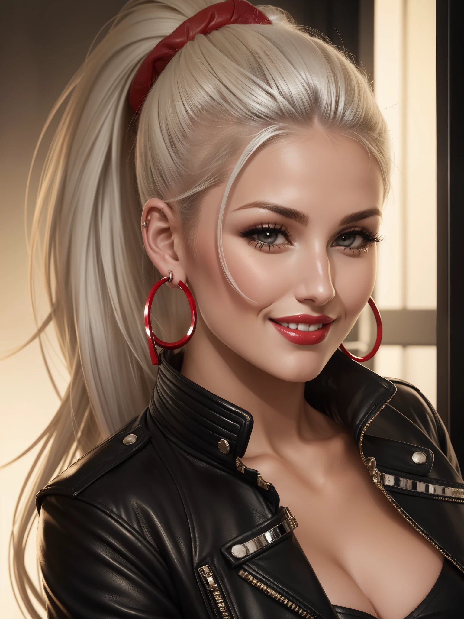 lucy pinder, face portrait, smiling, ponytail, platinum hair, hoop earrings, black leather jacket, red lipstick.