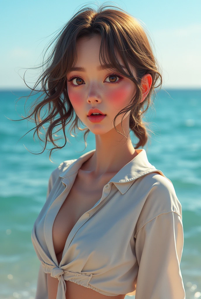 Realistic, Photogenic, With the sea in the background, Wearing uniform, Top button of the shirt is undone, The chest is slightly exposed, the skirt is short,、Slightly above the thighs, Mid-length hair, Hair color is a blend of blonde and brown, Hair blowing in the wind, My hair is messy and disheveled, Severely sunburned skin, Slender figure, Skinny Chest, Bold, bright makeup, Small Mouth, Small Nose, Smooth jawline, Glossy face, Cheeks stained red, Open mouth and big smile, Making someone feel comfortable, Detailed eyes, Oblique eyebrows, Detailed lips, Close-up photography, photoRealistic, Very detailed, 8k, Highest quality, masterpiece, Vibrant colors, Dramatic lighting, Structure of the film, Digital Art、Japanese Girl、high school student