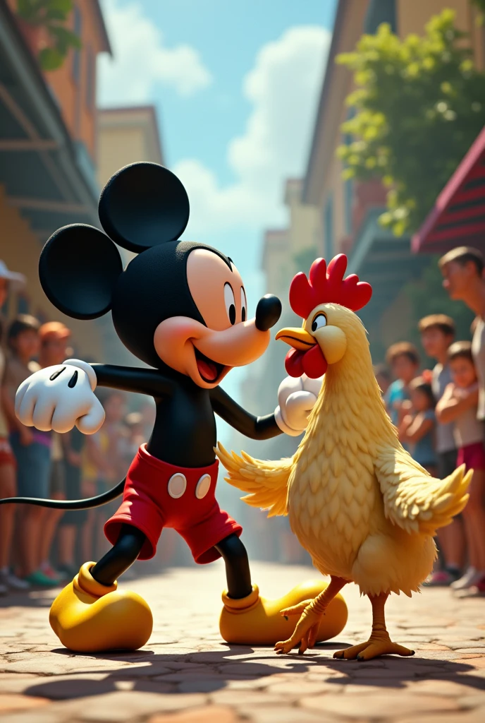 Mickey Mouse fighting capoeira with a plucked chicken