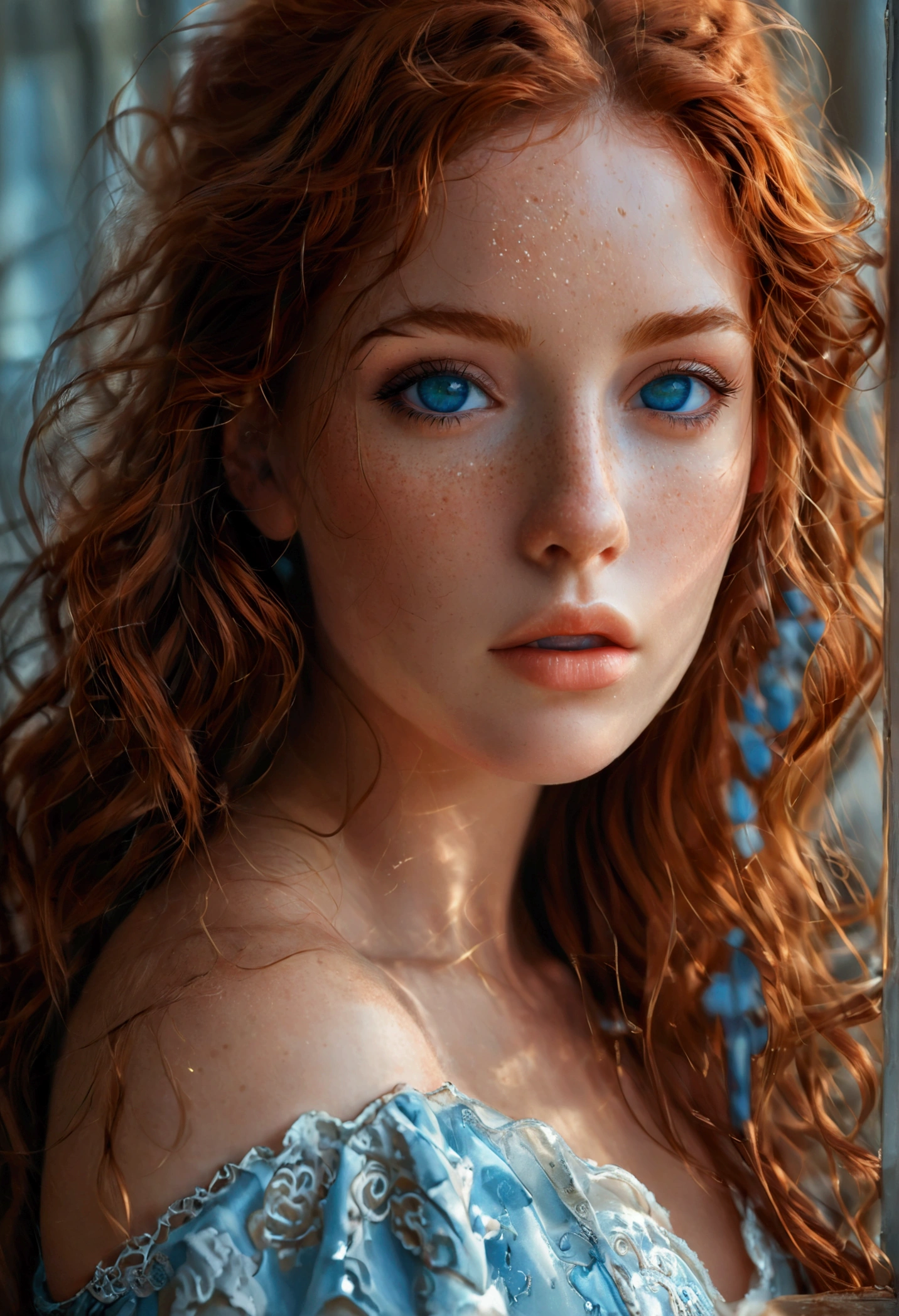 ultra realistic, photography, girl, 3, Fit physique with ample curves, long wavy auburn hair, sultry blue eyes, slightly tanned skin with freckles.extremely detailed artgerm, in the style artgerm, small breasts, facing the camera, lens 35 mm, blur background, 