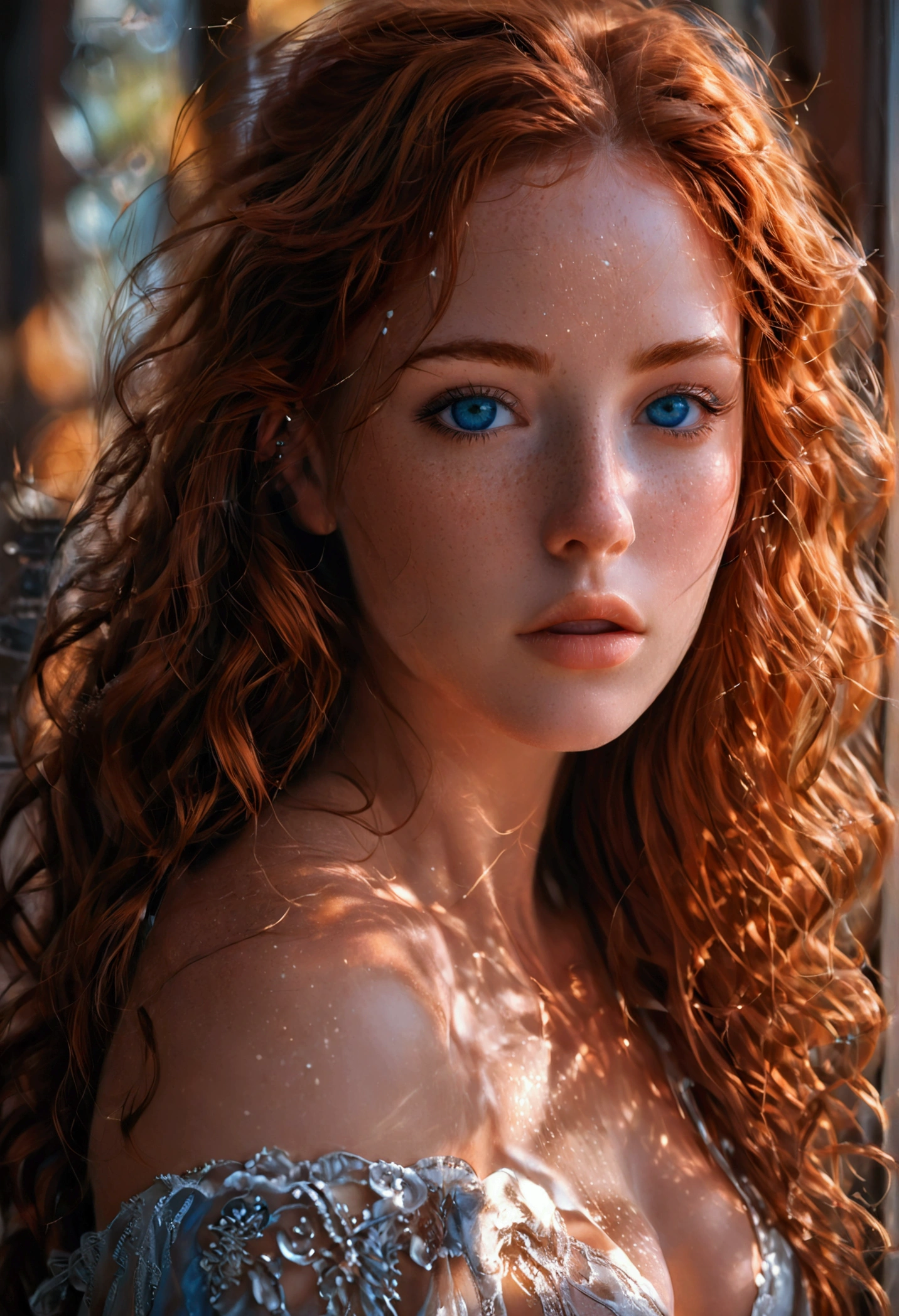 ultra realistic, photography, girl, 3, Fit physique with ample curves, long wavy auburn hair, sultry blue eyes, slightly tanned skin with freckles.extremely detailed artgerm, in the style artgerm, small , facing the camera, lens 35 mm, blur background,