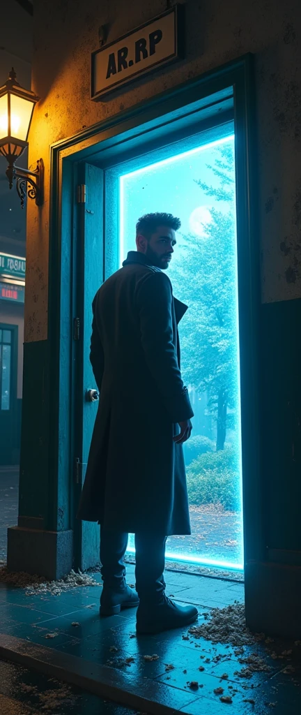 closeup, there is a man in an overcoat getting on the train, he is entering an interdimensional portal, he wears high boots, your hand holds the door railing, your coat has patents, Written "a.R.p" on the shoulder, he wears his hair shaved, o portal tem bordas de energy azul, he is at a train station, the portal leads to a sunny garden, noir style and investigation, EU O VEJO DE LaDO ENTRaNDO NO pORTaL, he has a blue light steampunk watch, sparks, sparks, energy, neon lamps, dirty station and flying newspapers, motion-blur, waning moon, raining night, light posts, abandoned modern train, he looks at me with a serious face, he has a trimmed and low beard, has brown eyes, he looks very young, he is 20 years old