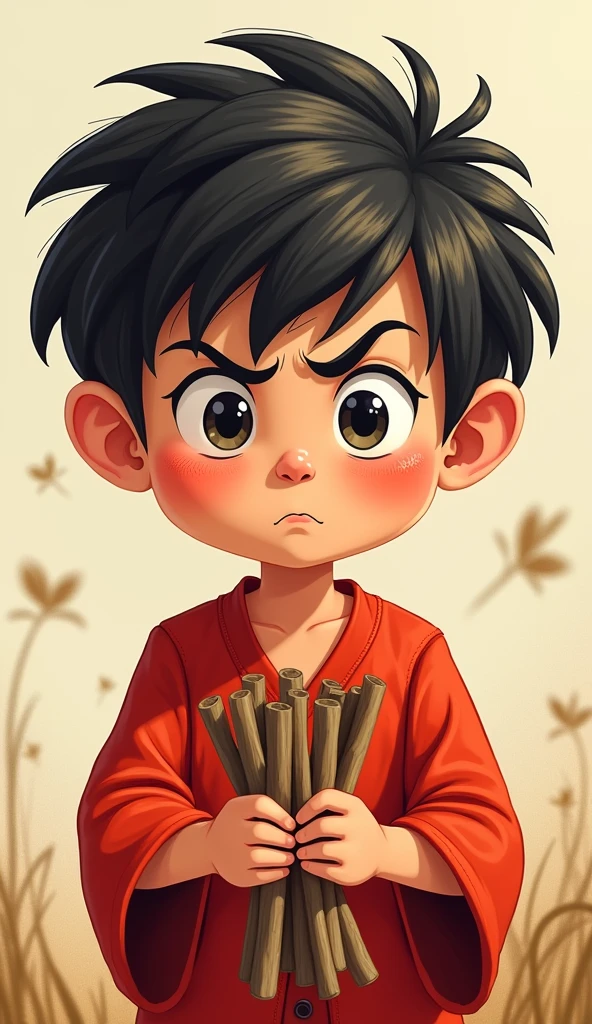 The 2 boy, wearing a red tunic, holding a bundle of sticks and struggling to break them, his face showing the effort.
Show the closeup of young boy.
Just one boy.
Show as cartoons