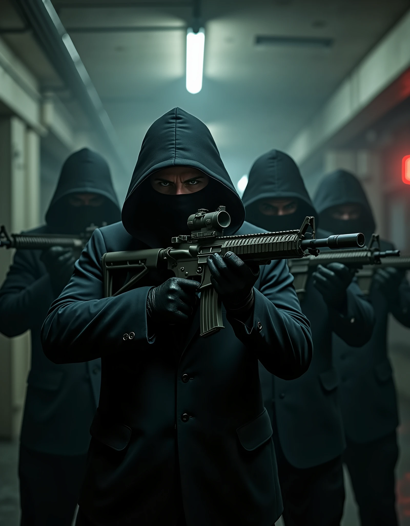 Make an image for a group of mafia enforcers armed with m4a1 rifles