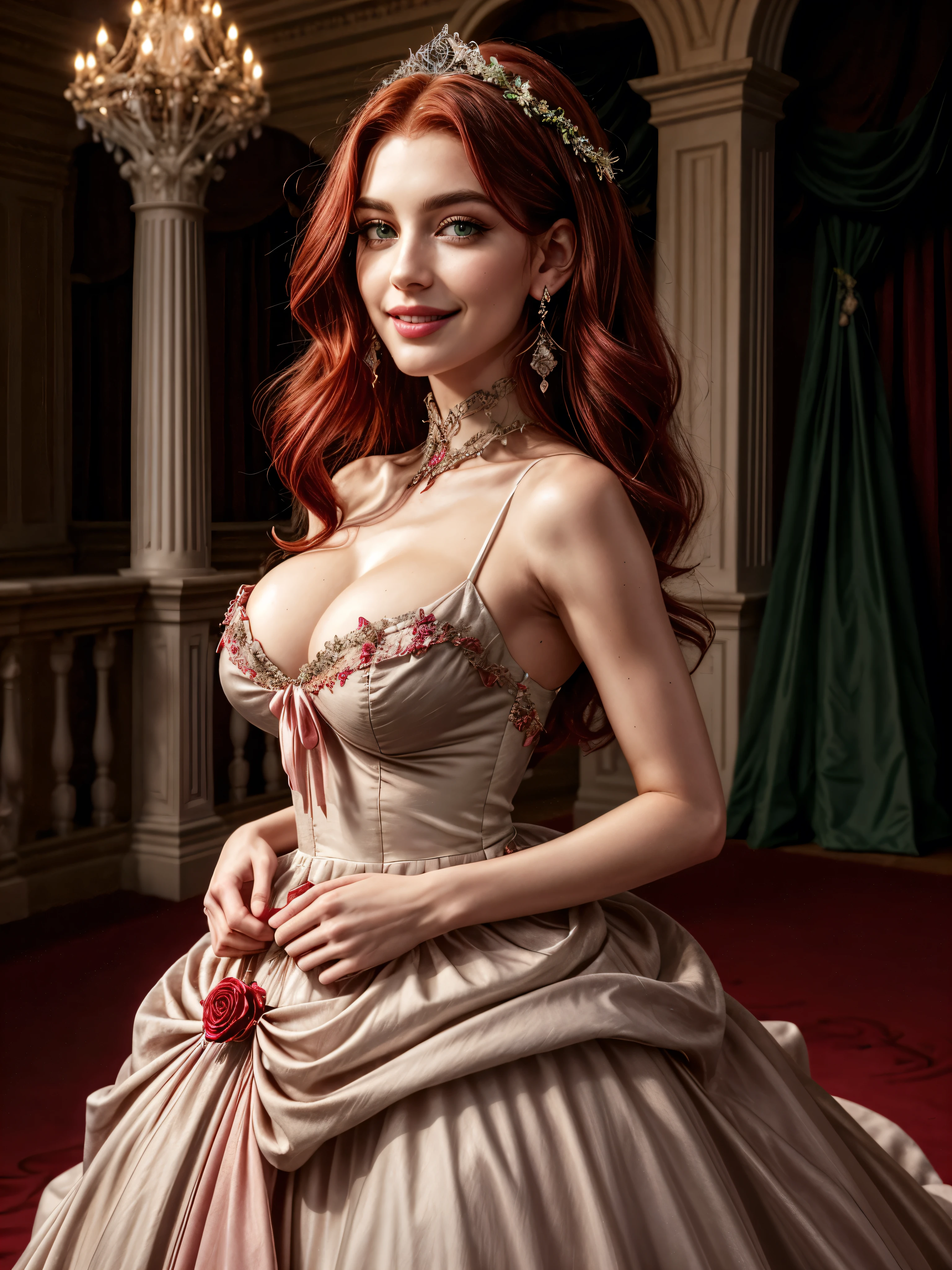 sexy, (seductivesmile:1.1), mysteriousatmosphere, (fantasy:1.4), florest scenery, (edgfd ballgown:1.5), (fantasy dress:1.1), (long dress:1.1), (ballgown with a lot of roses:1.1), hearts, flowers,, (masterpiece, high quality, best quality:1.3), extremely detailed, extremely intricate, realistic, hyperrealistic, fine texture, Extremely high-resolution details, 2 young,, (reddish hair:1.3), almond eyes, (green eyes), [long hair], [curly hair], (eye shadow:1.1), 162cm tall, oval face, snub nose, heart-shaped lips, (arched eyebrows), (skinny:1.1),  red dress, pink shiny lipgloss, big diamond earrings, big diamond collar, big breasts 