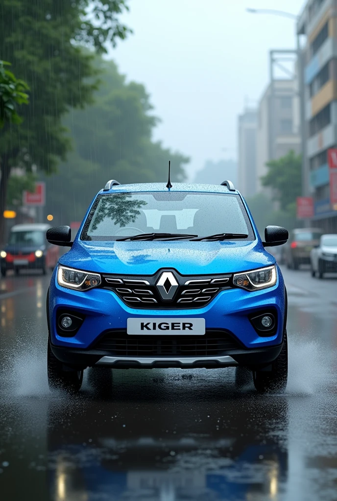 Renult KIGERrxz Blue color car in rain daylight in indian modle

