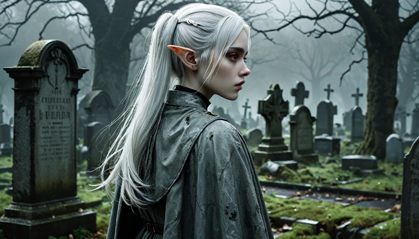 Frieren stands in an old, overgrown cemetery, her back to the camera, with her head bowed as she gazes solemnly at two graves in front of her. Her white hair, styled in twintails, falls softly down her back, slightly tousled by a gentle breeze. Her pointed elven ears are subtly visible through her hair, enhancing her ethereal presence. She is wearing a worn cloak, and the texture of her clothing, along with her skin, appears lifelike and natural, capturing the subtle details of reality. The graves are weathered and partially covered with moss, with cracked headstones showing the wear of time. The environment around her is dark, misty, and melancholic, with dead leaves scattered across the ground, and the tombstones and stone pathways covered in dirt and age. The lighting is moody and atmospheric, highlighting the emotional weight of the moment, making Frieren and the cemetery feel hyper-realistic, as though captured in a high-definition photograph.