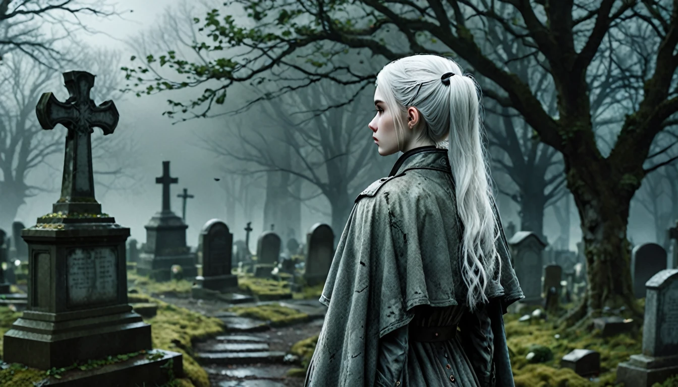 Frieren stands in an old, overgrown cemetery, her back to the camera, with her head bowed as she gazes solemnly at two graves in front of her. Her white hair, styled in twintails, falls softly down her back, slightly tousled by a gentle breeze. Her pointed elven ears are subtly visible through her hair, enhancing her ethereal presence. She is wearing a worn cloak, and the texture of her clothing, along with her skin, appears lifelike and natural, capturing the subtle details of reality. The graves are weathered and partially covered with moss, with cracked headstones showing the wear of time. The environment around her is dark, misty, and melancholic, with dead leaves scattered across the ground, and the tombstones and stone pathways covered in dirt and age. The lighting is moody and atmospheric, highlighting the emotional weight of the moment, making Frieren and the cemetery feel hyper-realistic, as though captured in a high-definition photograph.