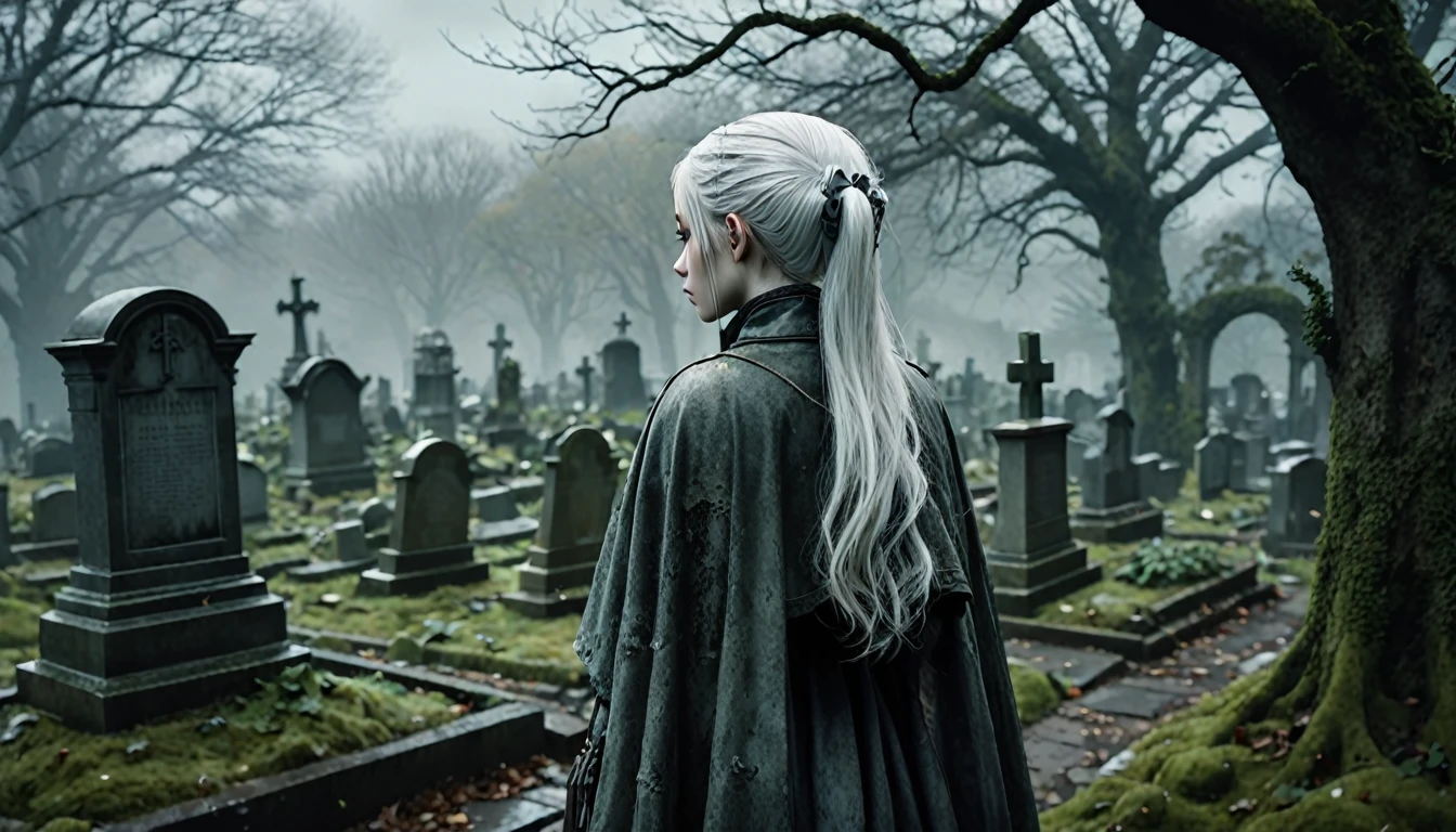 Frieren stands in an old, overgrown cemetery, her back to the camera, with her head bowed as she gazes solemnly at two graves in front of her. Her white hair, styled in twintails, falls softly down her back, slightly tousled by a gentle breeze. Her pointed elven ears are subtly visible through her hair, enhancing her ethereal presence. She is wearing a worn cloak, and the texture of her clothing, along with her skin, appears lifelike and natural, capturing the subtle details of reality. The graves are weathered and partially covered with moss, with cracked headstones showing the wear of time. The environment around her is dark, misty, and melancholic, with dead leaves scattered across the ground, and the tombstones and stone pathways covered in dirt and age. The lighting is moody and atmospheric, highlighting the emotional weight of the moment, making Frieren and the cemetery feel hyper-realistic, as though captured in a high-definition photograph.