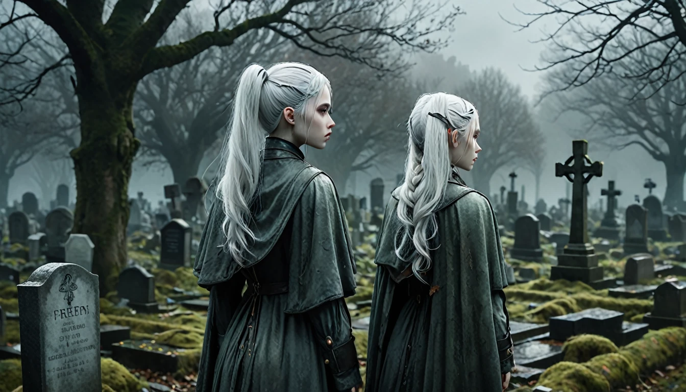 Frieren stands in an old, overgrown cemetery, her back to the camera, with her head bowed as she gazes solemnly at two graves in front of her. Her white hair, styled in twintails, falls softly down her back, slightly tousled by a gentle breeze. Her pointed elven ears are subtly visible through her hair, enhancing her ethereal presence. She is wearing a worn cloak, and the texture of her clothing, along with her skin, appears lifelike and natural, capturing the subtle details of reality. The graves are weathered and partially covered with moss, with cracked headstones showing the wear of time. The environment around her is dark, misty, and melancholic, with dead leaves scattered across the ground, and the tombstones and stone pathways covered in dirt and age. The lighting is moody and atmospheric, highlighting the emotional weight of the moment, making Frieren and the cemetery feel hyper-realistic, as though captured in a high-definition photograph.