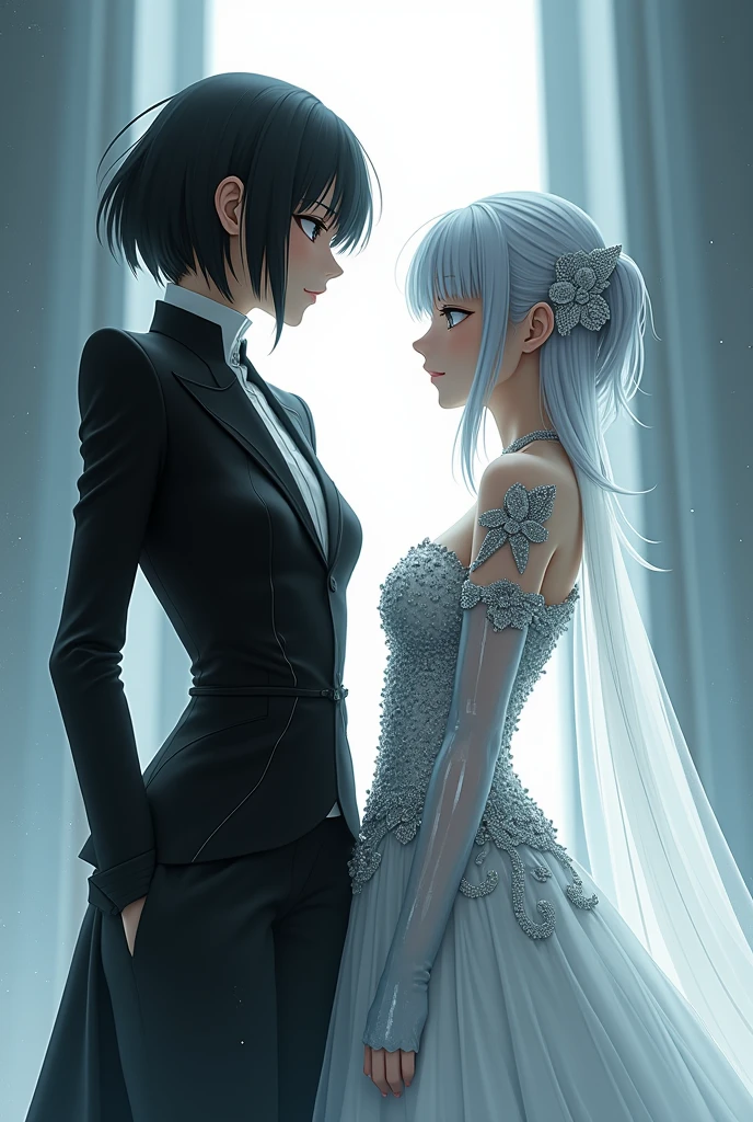 Sanakan and Cibo from Blame! Manga in a wedding dress), (sci-fi theme) suit black hair, dress striking silver hair, Futuristic atmosphere Emphasizes radiance pure atmosphere Intricate details of the outfit A soft but bright light shines from above. Intimate and romantic atmosphere Highly detailed, exceptionally detailed, cinematic quality, emotionally charged scenes.