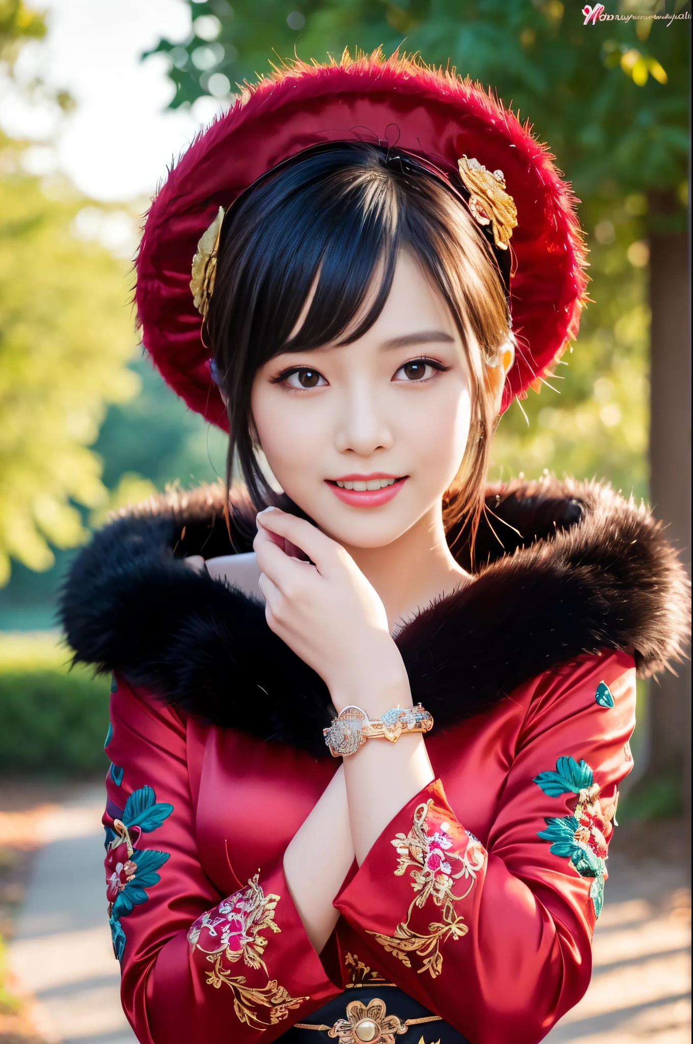 (masterpiece:1.4), (best quality:1.4), ultra high res, ultra high resolution, ((detailed facial features)), HDR, (realistic, photorealistic, photo-realistic:1.37), full body, sexy Vietnamese model, (-anime), only 1 model, vivid colors, very short hair, (beautiful smile), lip-gloss, long lashes, defined eyebrows, wearing large sparkling colorful jewelery, wearing a red silk Paradise Kiss cosplay dress with black floral embroidery, ((long fur vivid colors outfit)), vivid colors, look at the camera, cinematic light, large park background with trees, sweet and sexy pose