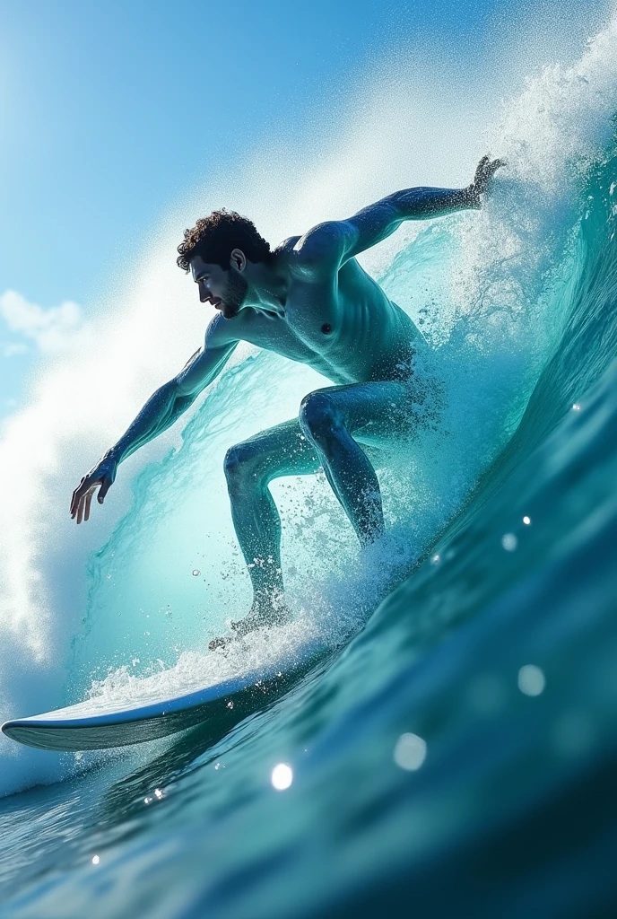 The sea creating a Hawaiian surfer made of its own water and on a wave