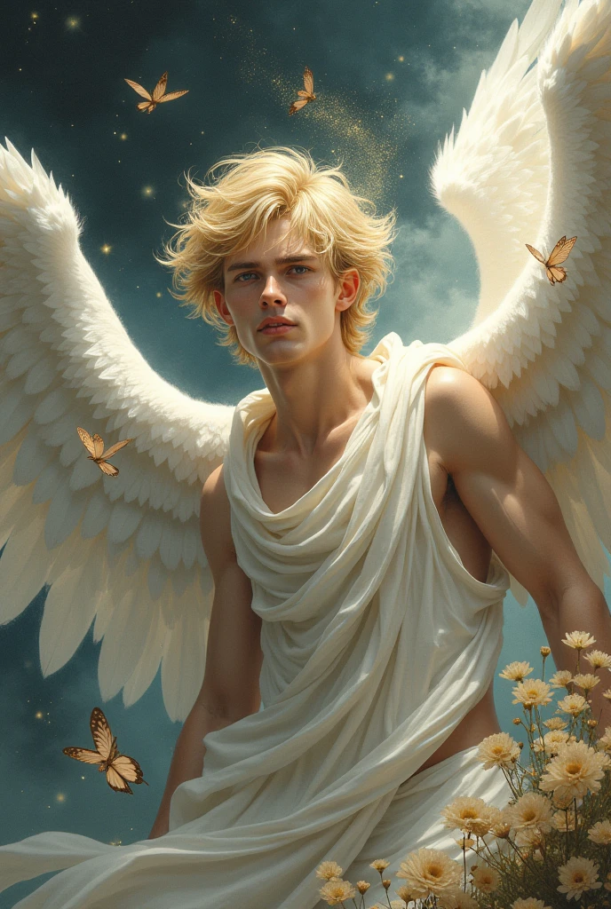 god of dreams, blond, with white wings, mythology artwork, naughty man,