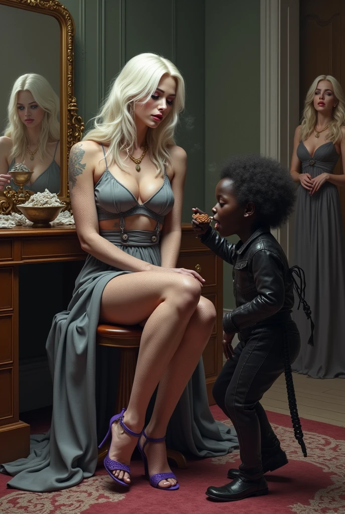 A Russian woman, millionaire, elegant, evil and cruel with white skin, long platinum hair, gray skirt, low-cut blouse, fishnet stockings and purple high-heeled sandals, sitting on a chair in front of a dressing table, feeds dog food to a black slave while she smokes a cigarette. The black slave baby, dwarf, sick and thin, eats directly from the bowl with his tongue while he is tied with a strap held by the Russian woman. In the background, elegant and wealthy women throw garbage on the ground and mock the babyve